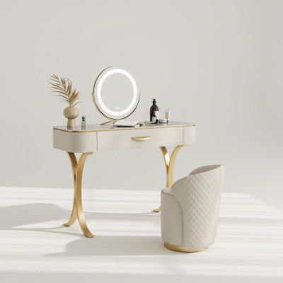 Mesa de maquillaje beige diseño tocador cómoda de maquillaje con cajones.
