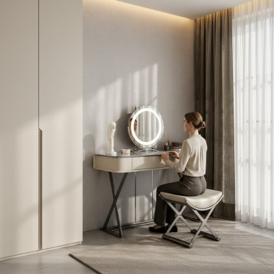 Mesa de maquillaje beige, diseño de muebles para dormitorio de lujo en madera.