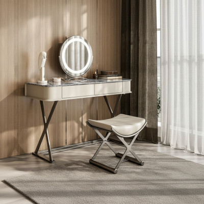 Mesa de maquillaje beige, diseño de muebles para dormitorio de lujo en madera.