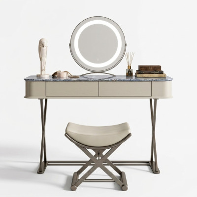 Mesa de maquillaje beige, diseño de muebles para dormitorio de lujo en madera.