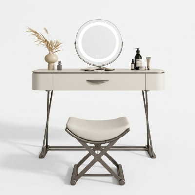 Mesa de maquillaje blanca con espejo, tocador de diseñador con cajones.