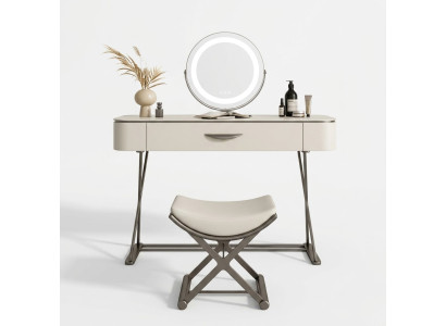 Mesa de maquillaje blanca con espejo, tocador de diseñador con cajones.