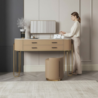 Mesa de tocador marrón, diseñada por un diseñador, con cajones, mueble de lujo.