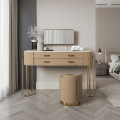 Mesa de tocador marrón, diseñada por un diseñador, con cajones, mueble de lujo.