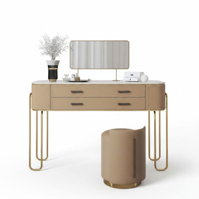 Mesa de tocador marrón, diseñada por un diseñador, con cajones, mueble de lujo.
