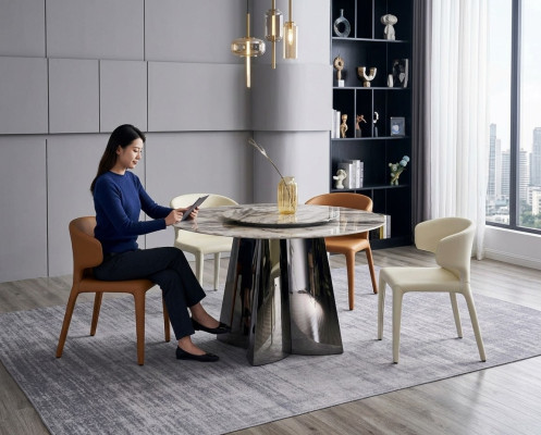 Mesa redonda de diseñador de lujo con 4 sillas de cuero: grupo de comedor de muebles modernos.