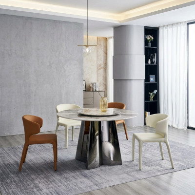 Mesa redonda de diseñador de lujo con 4 sillas de cuero: grupo de comedor de muebles modernos.