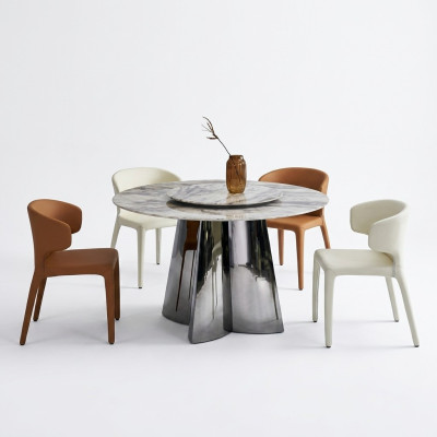 Mesa redonda de diseñador de lujo con 4 sillas de cuero: grupo de comedor de muebles modernos.