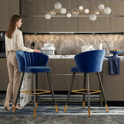 Taburete azul diseñador Muebles de acero inoxidable Acolchado de una plaza Patas de madera