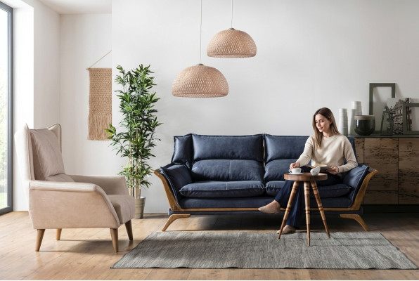 Sala de estar azul y blanco Conjunto de sofás de tres plazas Sillón de lujo Sofá de 2 piezas