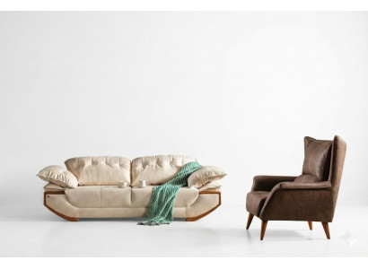 Blanco-marrón conjunto de sofás de salón de diseñador de tres plazas y sillón de lujo.