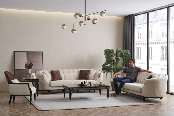 Sala de estar blanca Set de sofá 3+3+1 Mesa de centro Mesita auxiliar de 5 piezas.