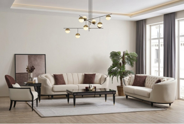 Sala de estar blanca Set de sofá 3+3+1 Mesa de centro Mesita auxiliar de 5 piezas.