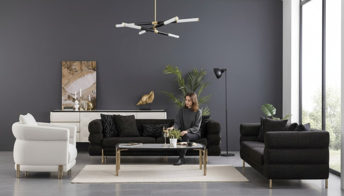 Juego de sofás de sala de estar diseñador negro de lujo de tres plazas sillón blanco.