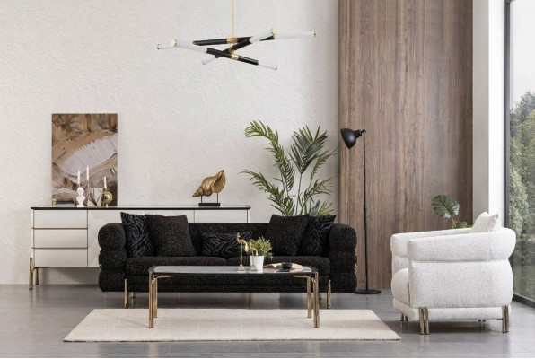 Juego de sofás de sala de estar diseñador negro de lujo de tres plazas sillón blanco.