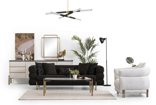 Juego de sofás de sala de estar diseñador negro de lujo de tres plazas sillón blanco.