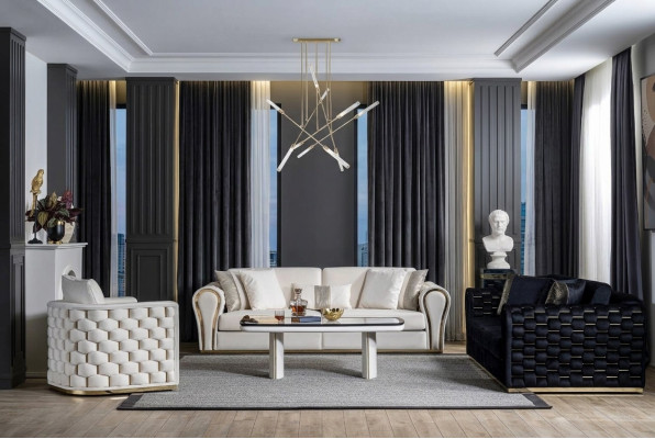 Conjunto de sala de estar azul y beige Juego de sofá de lujo 3+3+1 asientos Diseño de sofá
