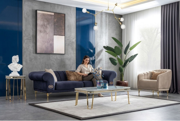 Moderno conjunto de sofás azules y beige de diseñador 3+1 asientos, sillón de lujo para la sala de estar