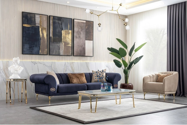 Moderno conjunto de sofás azules y beige de diseñador 3+1 asientos, sillón de lujo para la sala de estar