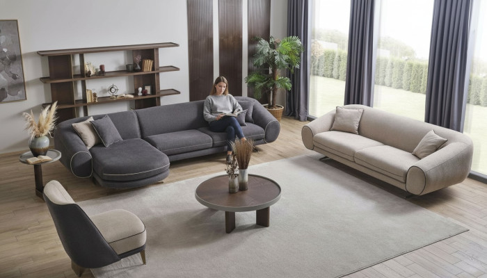 Set de salón moderno Sofá esquinero gris en forma de L Sofá de 3 plazas Sillón acolchado