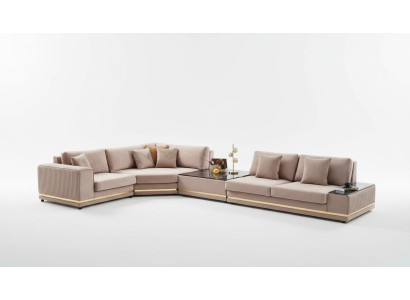 Sofá en forma de L beige, elegante conjunto de estar, sofá de diseñador, mueble tapizado.