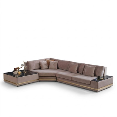 Beiges sofá de esquina de diseñador en forma de L, tapizado, conjunto de sala de lujo.