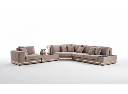 Sofá esquinero beige en forma de L, sofá tapizado de diseñador. Sofás elegantes y nuevos.