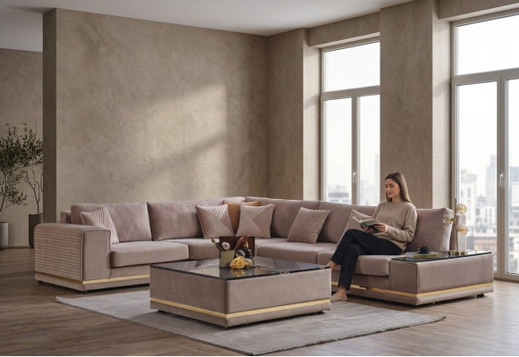 Conjunto de sala de estar beige Elegante sofá en forma de L Taburete de diseñador