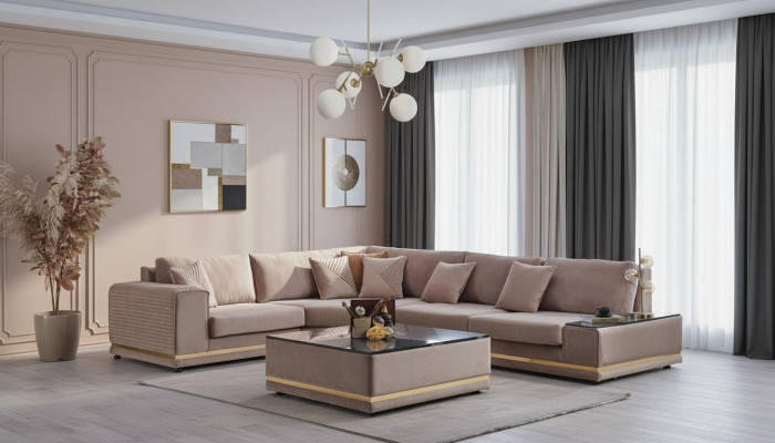 Conjunto de sala de estar beige Elegante sofá en forma de L Taburete de diseñador