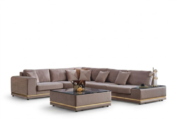 Conjunto de sala de estar beige Elegante sofá en forma de L Taburete de diseñador