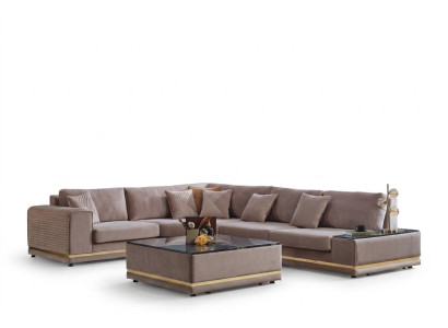 Conjunto de sala de estar beige Elegante sofá en forma de L Taburete de diseñador