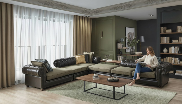Sala de estar verde y negra, sofá Chesterfield en forma de L, sofá tapizado nuevo.