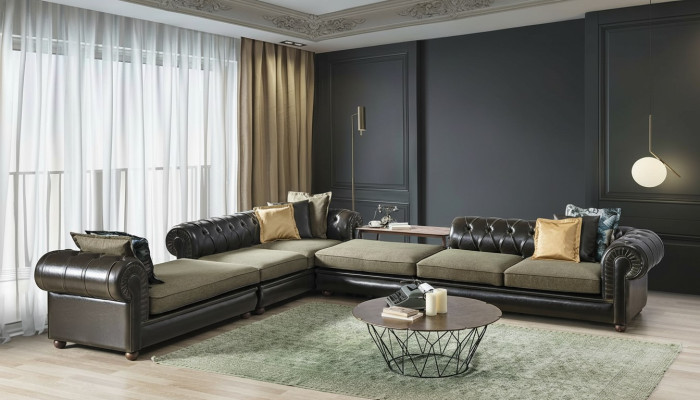 Sala de estar verde y negra, sofá Chesterfield en forma de L, sofá tapizado nuevo.