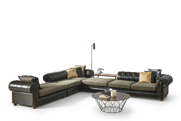 Sala de estar verde y negra, sofá Chesterfield en forma de L, sofá tapizado nuevo.