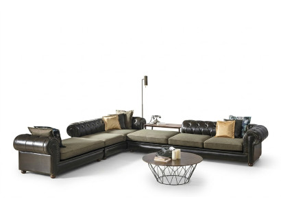 Sala de estar verde y negra, sofá Chesterfield en forma de L, sofá tapizado nuevo.