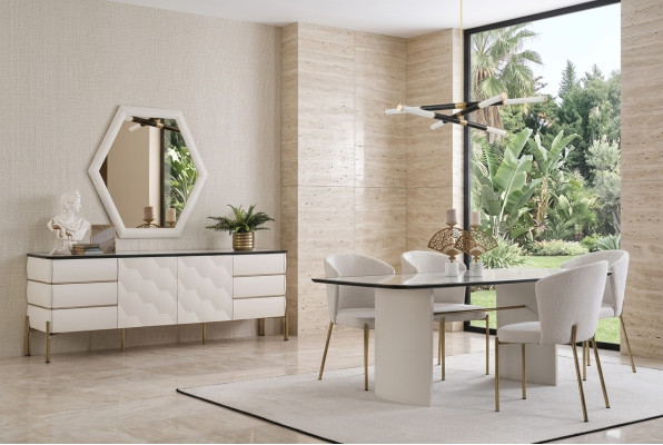 Conjunto de comedor elegante: gran mesa de comedor, 4 sillas, aparador y espejo.