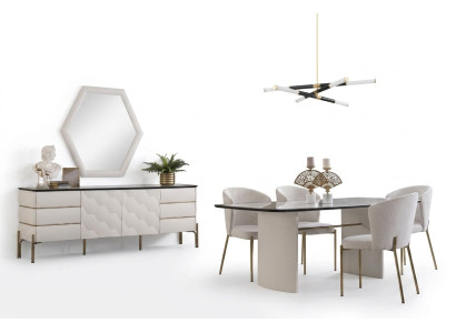 Conjunto de comedor elegante: gran mesa de comedor, 4 sillas, aparador y espejo.