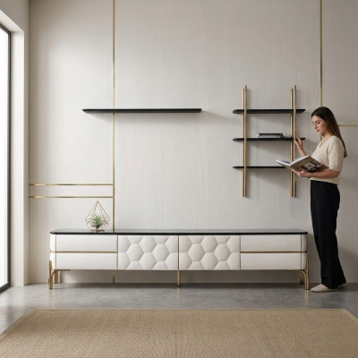 Mueble de TV blanco Diseñador 2x Estanterías Estilo de sala de estar Elegante Set de 3 piezas Nuevo