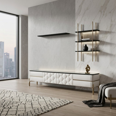 Mueble de TV blanco Diseñador 2x Estanterías Estilo de sala de estar Elegante Set de 3 piezas Nuevo