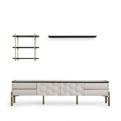Moderna pared blanca de sala de estar Práctico mueble de TV Lujosos estantes Juego de 3 piezas
