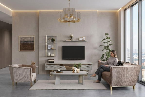 Sala de estar gris, muebles de madera diseñador armario de TV gabinetes de pared muebles de sala.