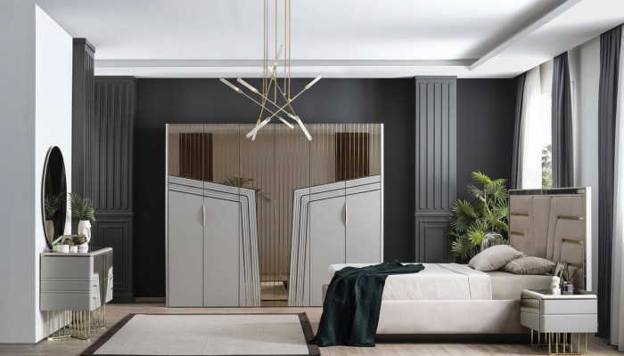 Juego de dormitorio moderno Set de lujo Cama 2x Mesitas de noche Armario 6 piezas.