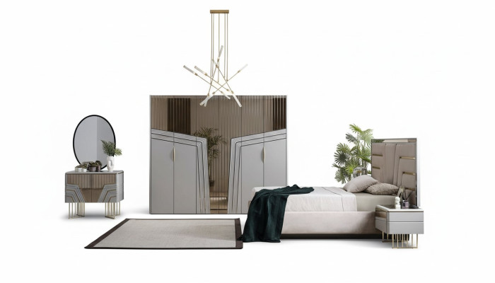Juego de dormitorio moderno Set de lujo Cama 2x Mesitas de noche Armario 6 piezas.