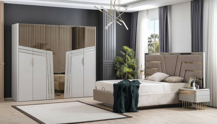 Moderno juego de dormitorio: cama de diseñador, 2 mesitas de noche, armario.