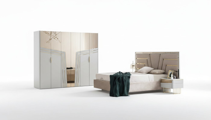 Moderno juego de dormitorio: cama de diseñador, 2 mesitas de noche, armario.