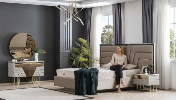 Dormitorio Set Cama 2x Mesitas de noche Cómoda Espejo Set de lujo de 5 piezas