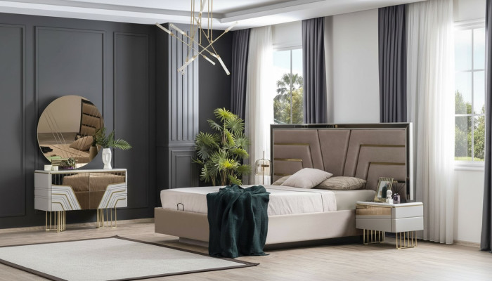Dormitorio Set Cama 2x Mesitas de noche Cómoda Espejo Set de lujo de 5 piezas