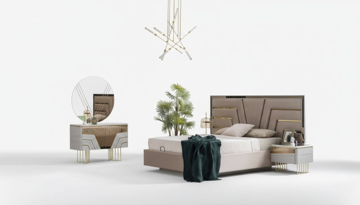 Dormitorio Set Cama 2x Mesitas de noche Cómoda Espejo Set de lujo de 5 piezas