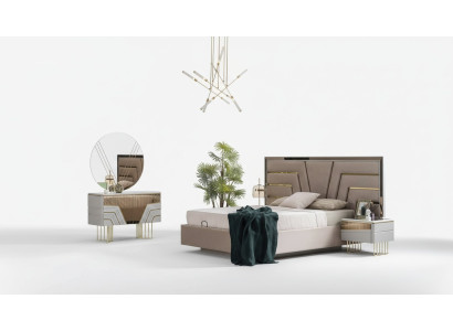Dormitorio Set Cama 2x Mesitas de noche Cómoda Espejo Set de lujo de 5 piezas