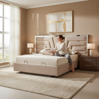 Habitación de dormir beige Cama doble Estructura de madera resistente Cama tapizada de diseñador